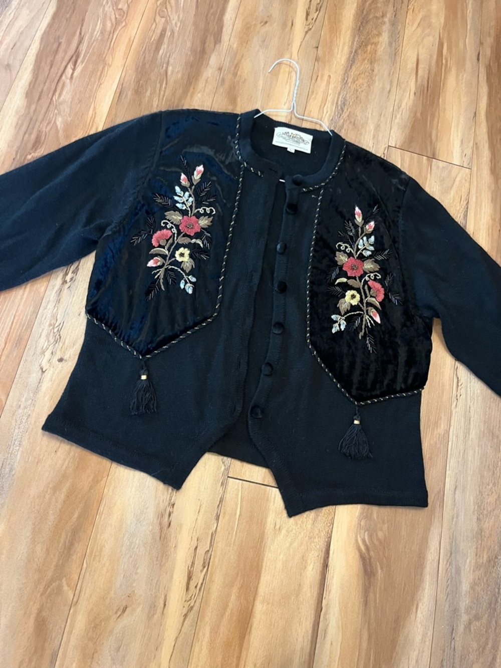Susan Bristol Black Embroidered Floral Button-Front Cardigan